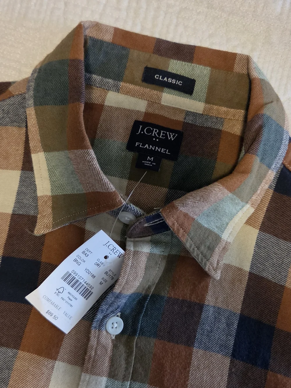 NWT J. Crew Classic Fit Flannel, Size Medium